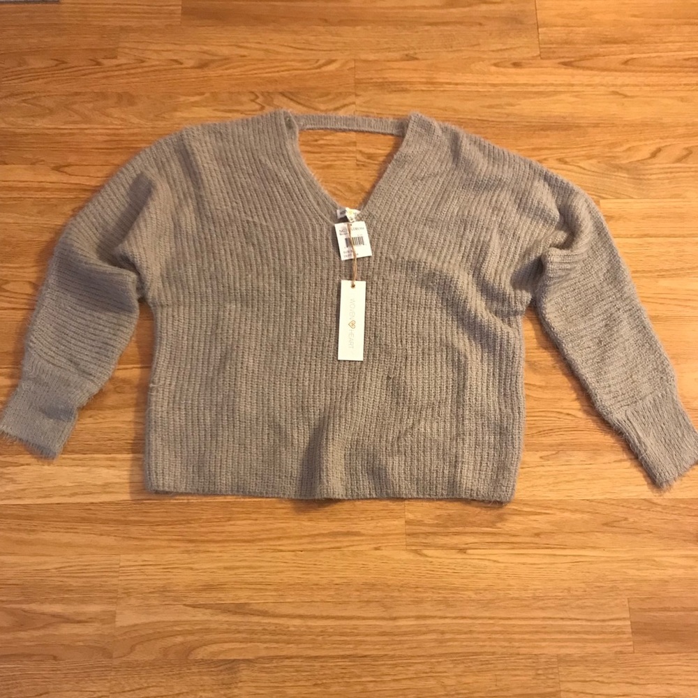 Woven Heart fuzzy sweater with back cut-out